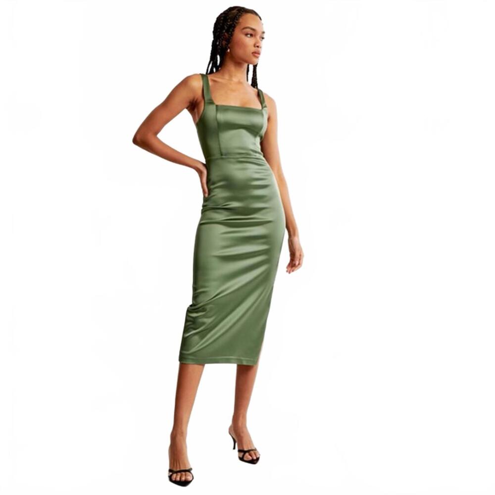 Abercrombie & Fitch Sculpting Stretch Satin Midi‎ Dress Olive Green Size MT